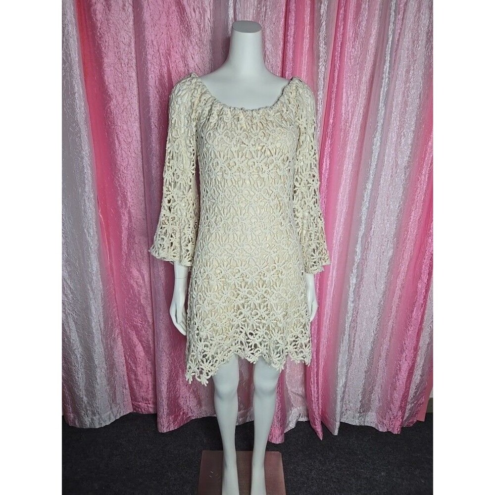 Union of Angels Cindy Bapst Beige Crochet Silk Blend Boho Dress Size Small